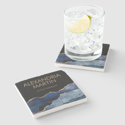 Modernes Navy Blue Gold Marmor Glitzer Office Steinuntersetzer (Seitenansicht)