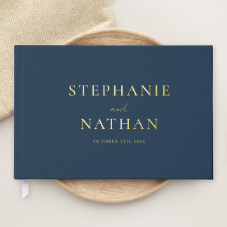 Modernes Navy Blue Minimalistisch Wedding Gold Gästebuch