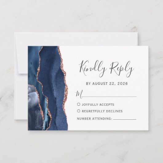 Modernes Navy Blue Rose Gold Agate Wedding RSVP (Vorderseite)