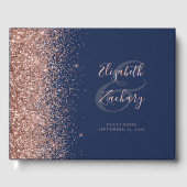 Modernes Navy Blue Rose Gold Glitzer Script Gästebuch (Vorderseite)