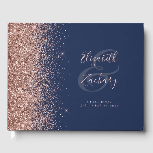 Modernes Navy Blue Rose Gold Glitzer Script Gästebuch (Vorderseite)