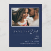 Modernes Navy Blue Silver Foto Save the Date Einladungspostkarte (Vorderseite)