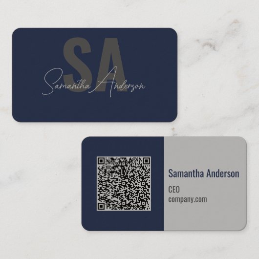 Modernes Navy Blue & Silver mit QR-Code | Visitenkarte (Vorne/Hinten)