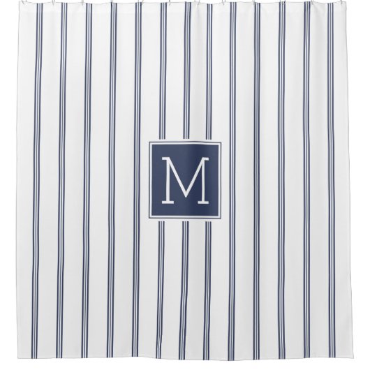 Modernes Navy-Blue Streifen Muster Monogramm Duschvorhang (Vorderseite)