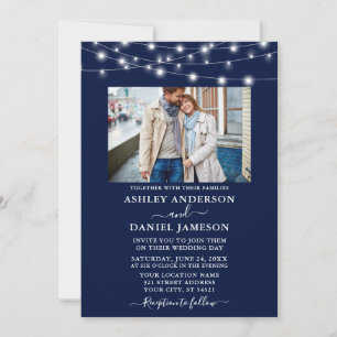 Modernes Navy Blue String Lights Foto Hochzeit Einladung