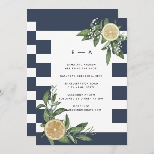 Modernes Navy Blue Strip Wasserfarbe Lemon Einladung (Vorne/Hinten)