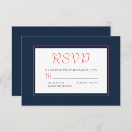 Modernes Navy Blue und Coral RSVP Karte (Vorne/Hinten)