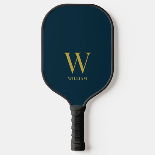 Modernes Navy Blue und Gold Mit Monogramm Pickleball Schläger (Vorderseite)
