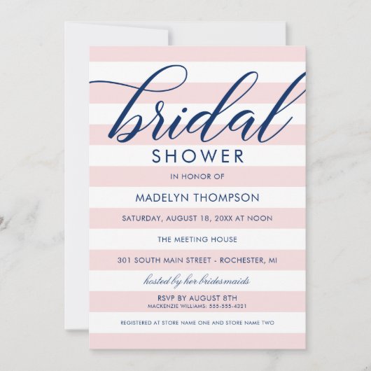 Modernes Navy Blue und Pink Stripes Brautparty Einladung (Vorderseite)