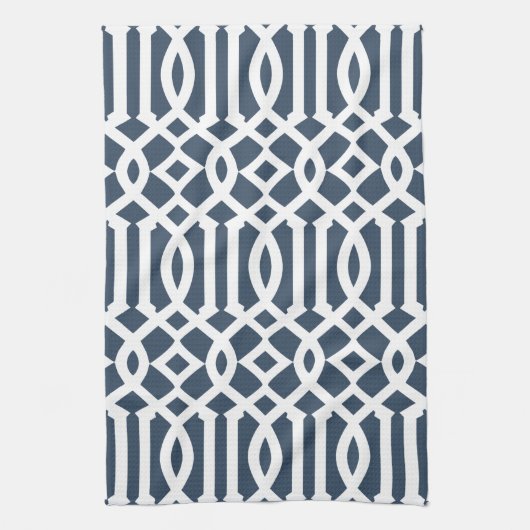 Modernes Navy Blue und White Trellis Muster Geschirrtuch (Vertikal)