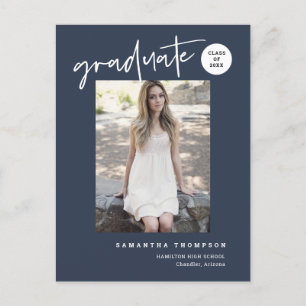 Modernes Navy Blue Uni High School Grad Foto Postkarte