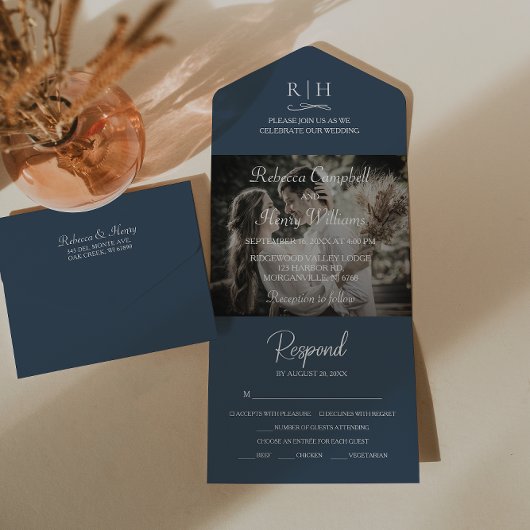 Modernes Navy Blue Wedding Foto | Monogramm-UAWG All In One Einladung