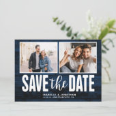 Modernes Navy Blue Wood 2 Foto Save the Date (Stehend Vorderseite)