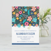 Modernes Navy Floral Pattern 97. Geburtstag Einladung (Stehend Vorderseite)
