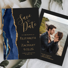 Modernes Navy Gold Agate Foto Dark Save The Date