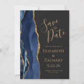Modernes Navy Gold Agate Foto Dark Save The Date (Vorderseite)