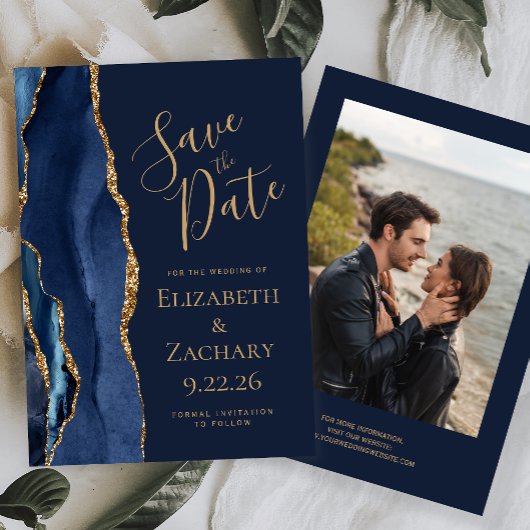 Modernes Navy Gold Agate Foto Save The Date