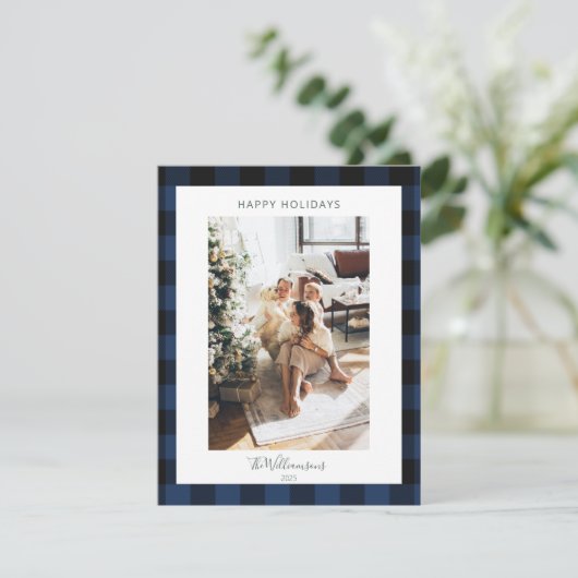 Modernes Navy Kariert Rustikales Foto Weihnachten (Stehend Vorderseite)