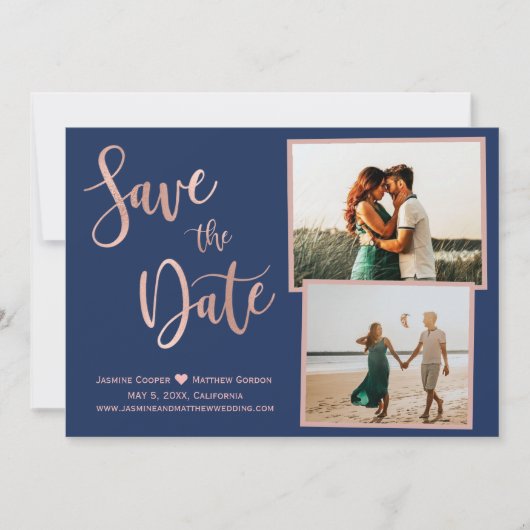 Modernes Navy Rose Gold Elegantes Typografie-Foto Save The Date (Vorderseite)