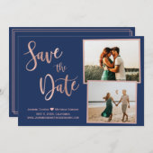 Modernes Navy Rose Gold Elegantes Typografie-Foto Save The Date (Vorne/Hinten)
