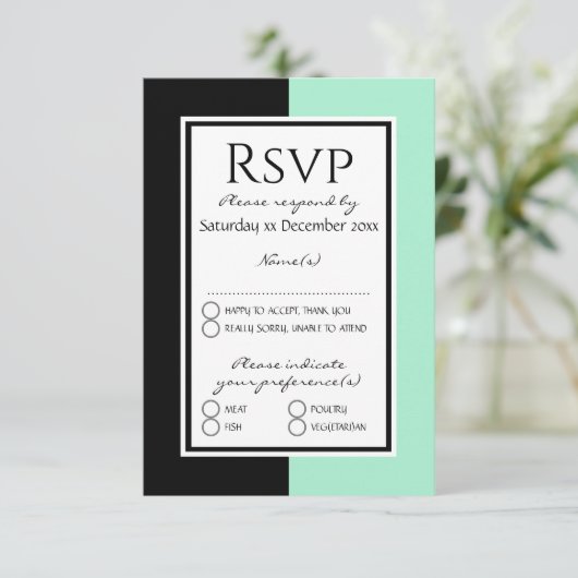 Modernes Neo Mint Schwarz Personalisiert WEDD RSVP Karte (Stehend Vorderseite)