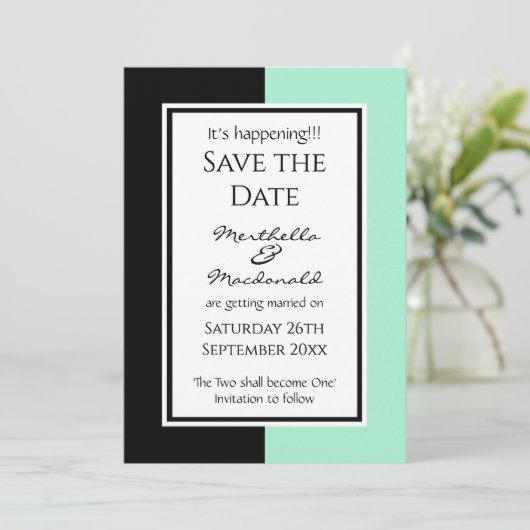 Modernes NEO MINT SCHWARZ Personalisiertes EREIGNI Save The Date (Stehend Vorderseite)