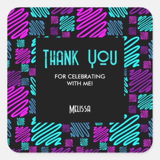 Modernes Neon Geometrisches Muster Vielen Dank Quadratischer Aufkleber (Vorderseite)