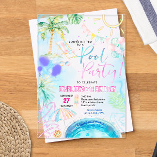 Modernes Neon Glow Watercolor Pool Party Geburtsta Acryleinladungen