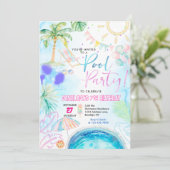 Modernes Neon Glow Watercolor Pool Party Geburtsta Einladung (Stehend Vorderseite)