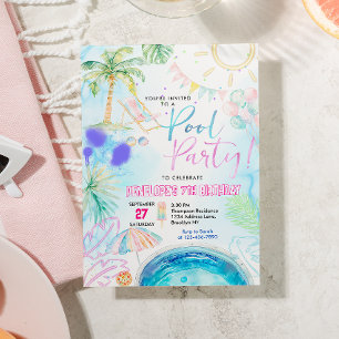 Modernes Neon Glow Watercolor Pool Party Geburtsta Einladung
