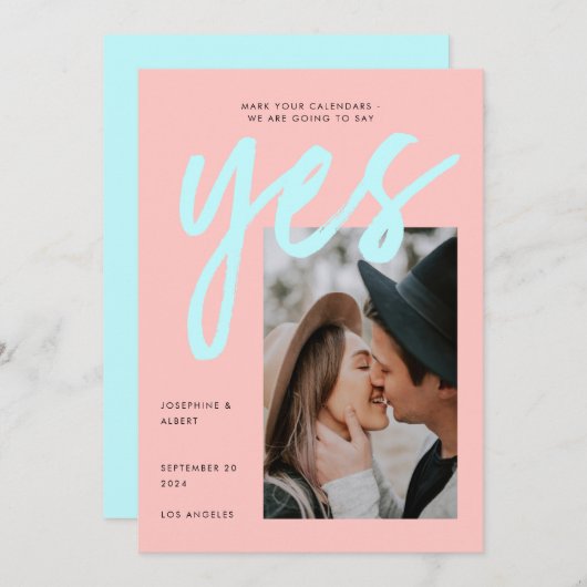 Modernes Neon Pink Mint Big Script Foto Hochzeit Save The Date (Vorne/Hinten)