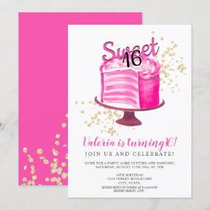 Modernes Neon rosa Goldkuchen schneiden mädchenhaf Einladung