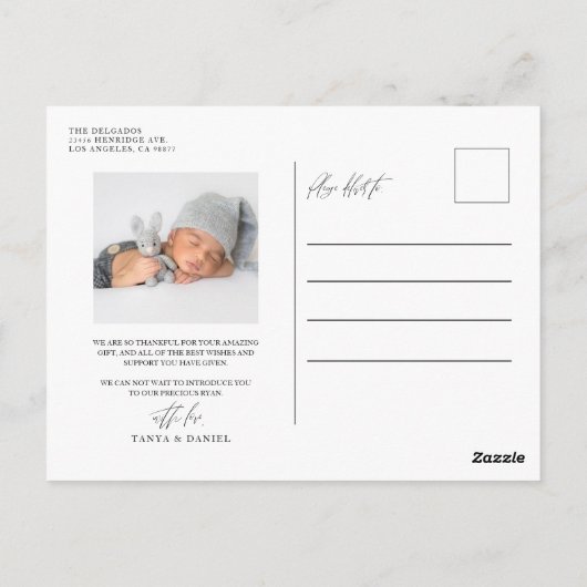 Modernes Neugeborenes Foto zur Ankündigung der Geb Postkarte (Rückseite)