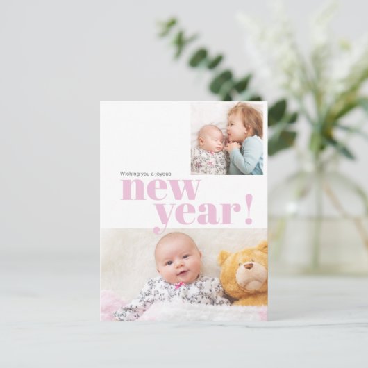 Modernes New Year Pink Baby Girl Birth Foto Postkarte (Stehend Vorderseite)