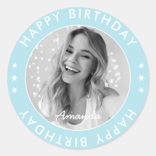 Modernes Niedlich Blue Happy Birthday Foto Runder Aufkleber (Vorderseite)