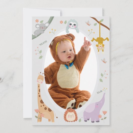Modernes Niedliches Wildtier-One-Safari zum Geburt Einladung (Rückseite)