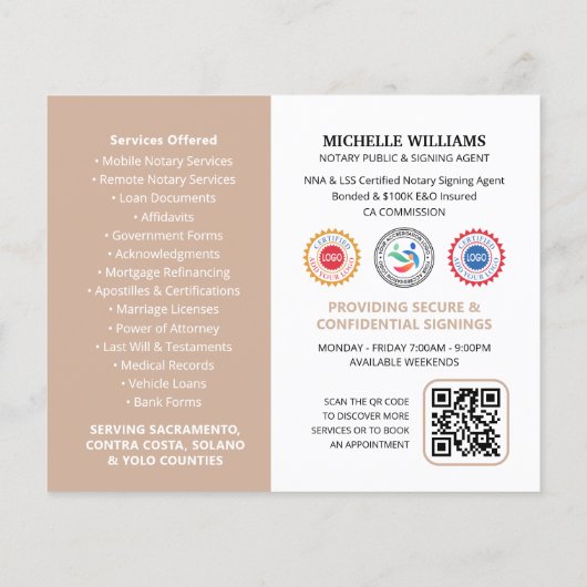 Modernes Notar Public Profile Foto QR Code Beige Flyer (Hinten)