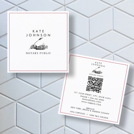 Modernes Notar Signature Agent Feather Quill Logo Quadratische Visitenkarte