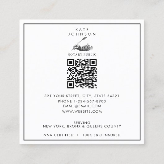 Modernes Notar Signature Agent Feather Quill Logo Quadratische Visitenkarte (Rückseite)