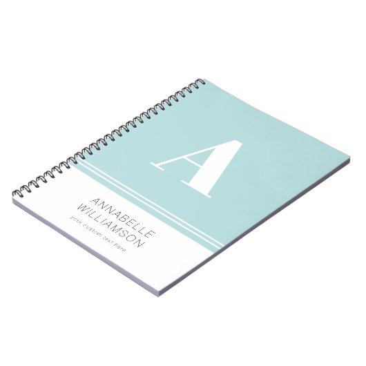 Modernes Notebook mit weißem Aqua-Monogramm Notizblock (Linke Seite)