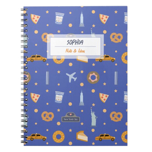 Modernes NYC Muster Blue Name Spiral Notebook Notizblock (Vorderseite)