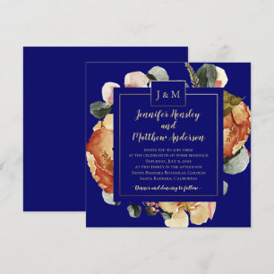 Modernes Oktober Bloms Navy Blue Monogram Wedding Einladung