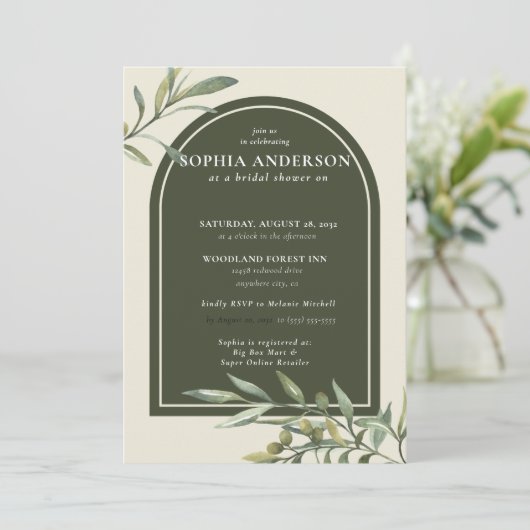 Modernes Olive Branch Brautparty Einladung (Stehend Vorderseite)