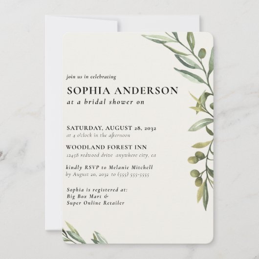 Modernes Olive Branch Brautparty Einladung (Vorderseite)