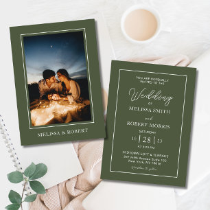 Modernes Olive Green Calligraphy Foto Wedding Einladung
