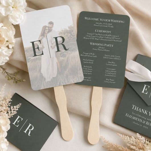 Modernes Olive Green Monogram Foto Wedding Program Fächer