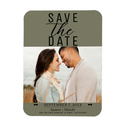 Modernes Olive Green Save the Date Hochzeitssemble Magnet (Vertikal)