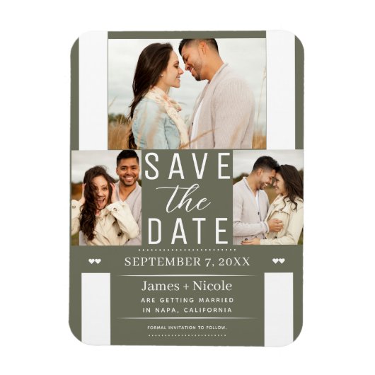 Modernes Olive Green Save the Date Hochzeitssemble Magnet (Vertikal)