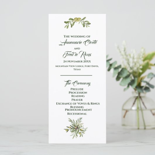 Modernes Olive Green Wedding Programm (Stehend Vorderseite)