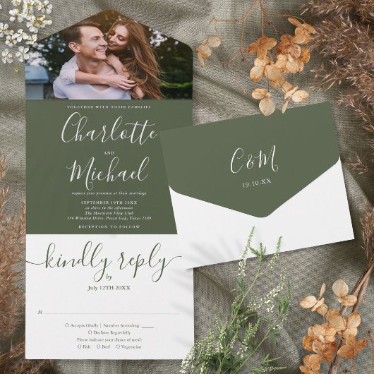 Modernes Olive Script-Foto Hochzeit All In One Einladung